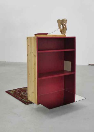 XY, 2015, Holzregal, Karteikarte, Brillenetuis, Pflanzenblatt, Spiegel, Glas, Teppichvorleger, Lack, 90 x 58 x 100 cm